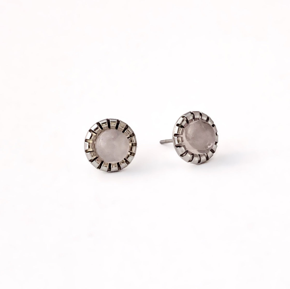 Rose Quartz stud earrings with 6mm pale pink rose quartz cabochons in scalloped silver-tone crown settings on stainless steel posts, 9mm gemstone studs by Blue Jeans and Pearls Saskatchewan