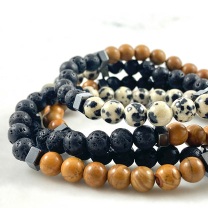 Men’s Wood Jasper, Lava Stone, Dalmatian Jasper & Hematite Bracelet