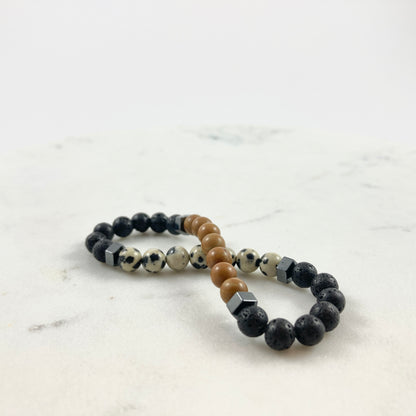 Men’s Wood Jasper, Lava Stone, Dalmatian Jasper & Hematite Bracelet