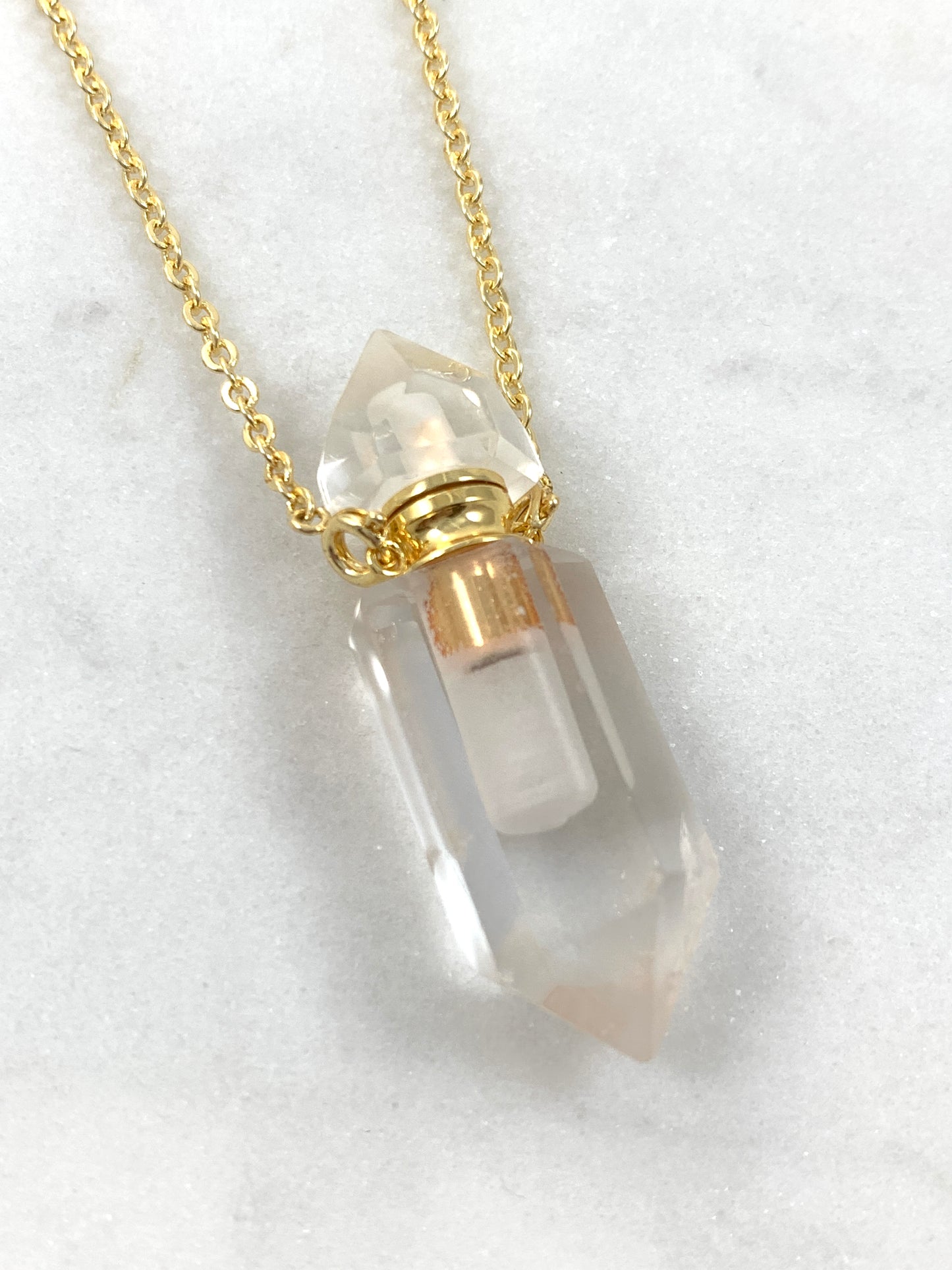 Clear Quartz EO Love Potion Bottle Necklace W/Gold Chain