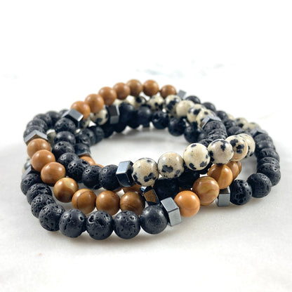 Men’s Wood Jasper, Lava Stone, Dalmatian Jasper & Hematite Bracelet