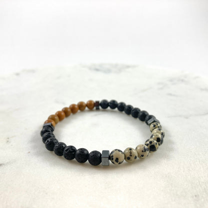 Men’s Wood Jasper, Lava Stone, Dalmatian Jasper & Hematite Bracelet